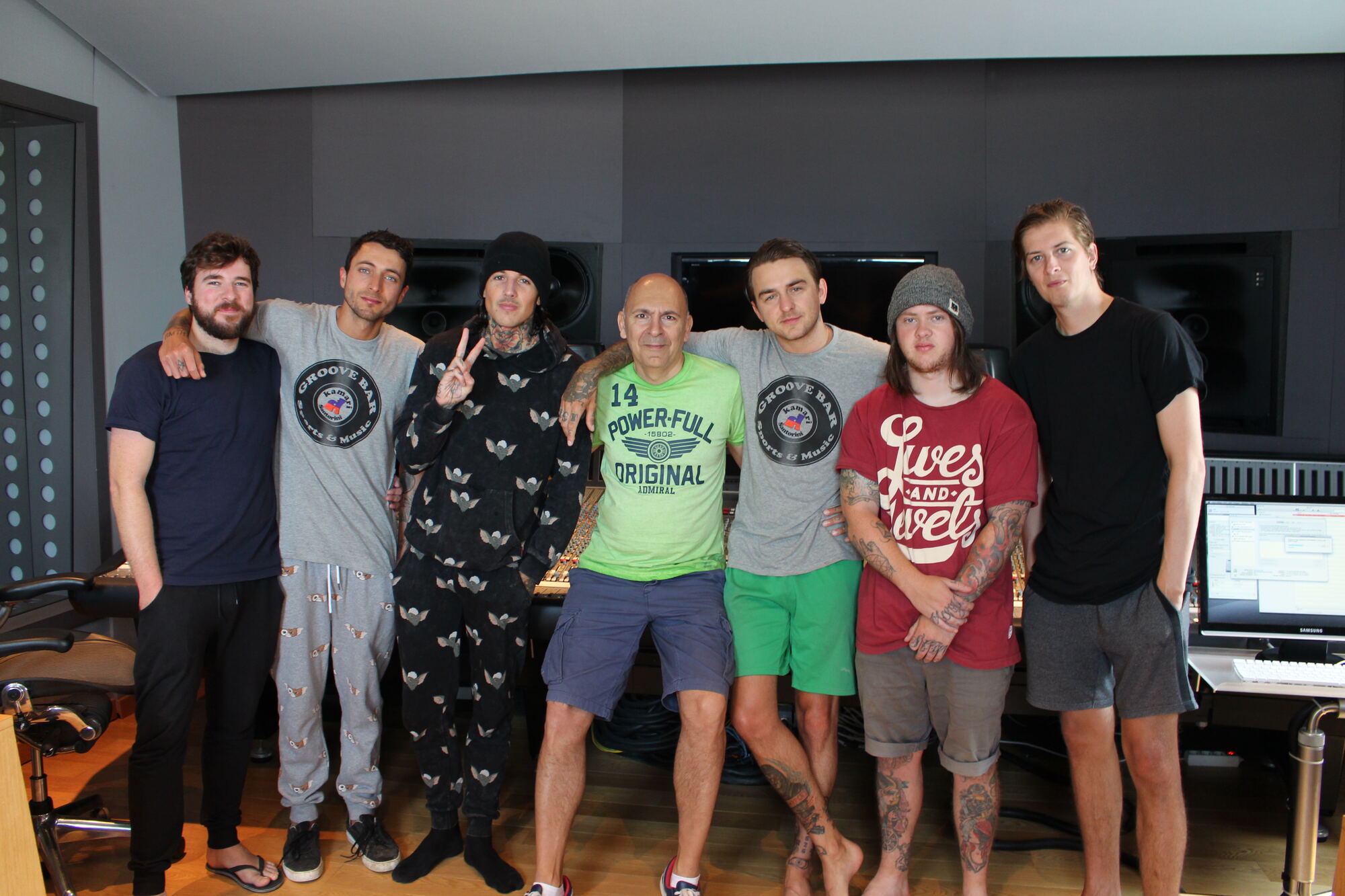 A band with Kostas Kalimeris in the control room of Black Rock Santorini